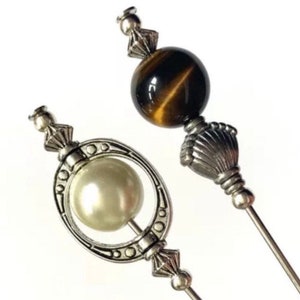 2x Hat Pins Pearl Tibetan Silver Hat Pins Tigers Eye  Long Stick Pins, Lapel Pins, Pin Brooch Lapel Pin Hijab Pin Hat Pin