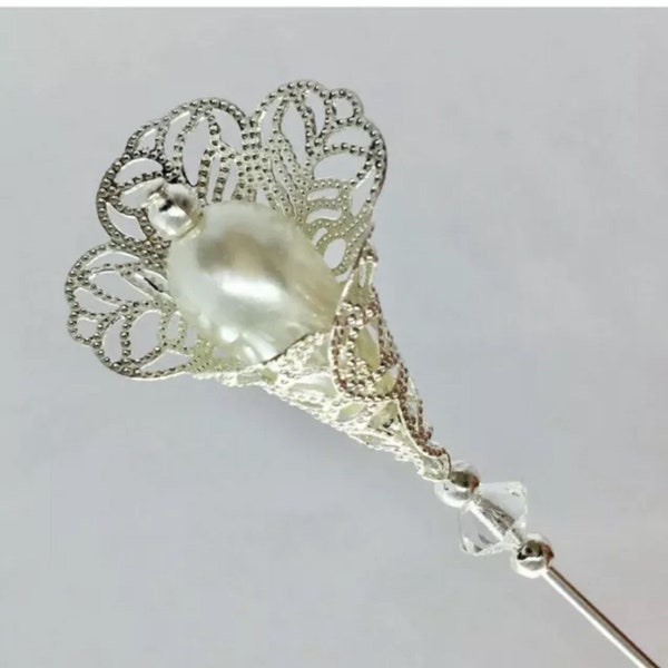 Beautiful Silver Filligre Hat Pin Ivory Pearl Vintage Style Hat Pin in a choice of length Pin Protector, Wedding Hats, Ascot Hats for women