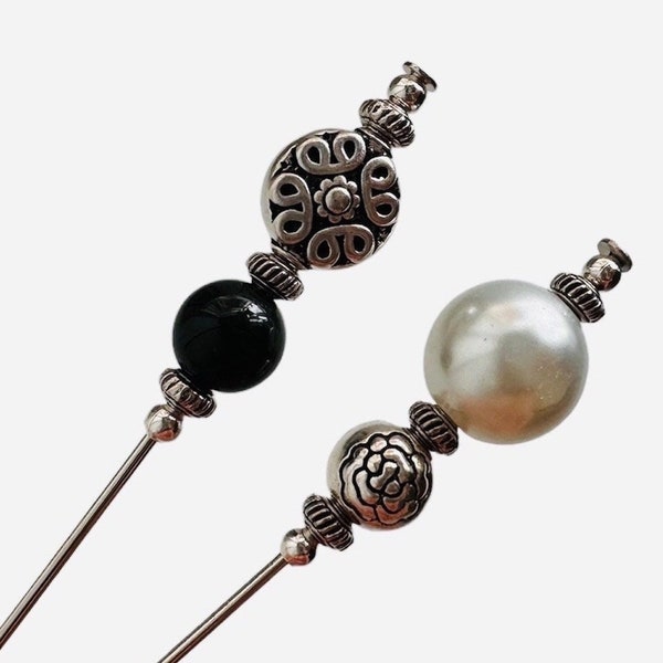 Beautiful hat pin,Black hat pin, black onyx pin, Glass Pearl Hat Pin Vintage Style Hat Pin, 5” long by pin, hats for women,