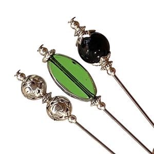 3 x Hat Pins Green, Black Hat Pin Silver Stick Pin, Tibetan Silver Hat Pins For Women, Hats Women, Hat Pin Long, Wedding hats