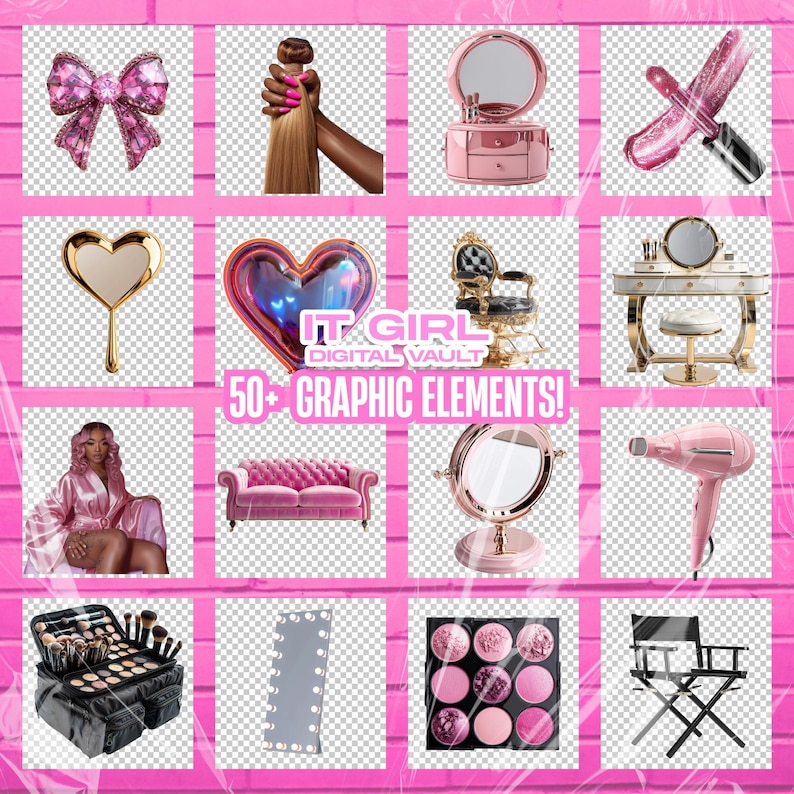 Puede incluir: Una colecci&oacute;n de accesorios de belleza y moda de tem&aacute;tica rosa y dorada, que incluye un tocador, un secador de pelo, una paleta de maquillaje, un espejo en forma de coraz&oacute;n, un juego de brochas de maquillaje, una silla de director, un sof&aacute; y un lazo. El texto "IT GIRL DIGITAL VAULT 50+ GRAPHIC ELEMENTS!" se muestra sobre un fondo rosa.
