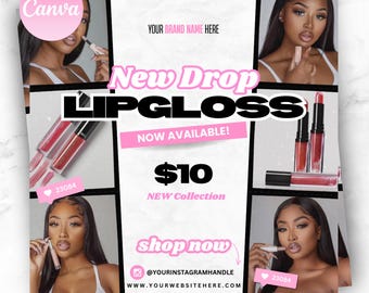May include: A pink and black graphic design advertises a new lip gloss collection. The ad features a model wearing lip gloss and the text "New Drop LIPGLOSS" in bold black letters. The ad also includes the text "NOW AVAILABLE!" and "£10 NEW Collection".