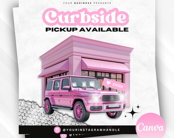 May include: A pink storefront with a pink car in front of it. The storefront has a sign that says "Curbside Pickup Available". The car has a heart icon with the number 23084 on it. The image also includes the text "@YOURINSTAGRAMHANDLE" and "richbabe EMPIRE".