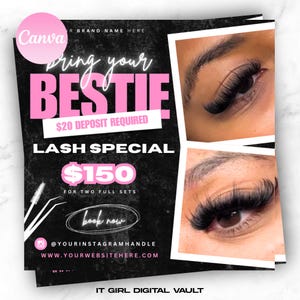 Puede incluir: Un folleto promocional de extensiones de pestañas presenta el texto "Bring your Bestie" en rosa, con un precio de 150 € por dos juegos completos. El folleto incluye imágenes de primeros planos de ojos con pestañas largas y oscuras y el texto "Book Now."