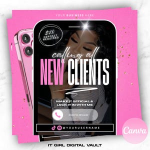 May include: A pink and black digital phone screen graphic with the text "calling all NEW CLIENTS" and "MAKE IT OFFICIAL & LOCK IT IN WITH ME". The graphic also includes a phone icon with the text "Slide to answer" and social media icons with the text "@YOURUSERNAME". The graphic is set against a pink background with gold glitter.