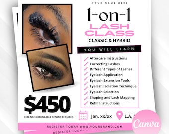 Könnte beinhalten: Ein rosa und schwarzer Flyer, der einen 1-zu-1-Wimpernkurs für 450 $ bewirbt. Der Flyer enthält ein Foto eines Frauenauges mit Wimpernverlängerungen, eine Liste der im Kurs behandelten Themen und den Text "Melden Sie sich noch heute an www.yourbrand.com".
