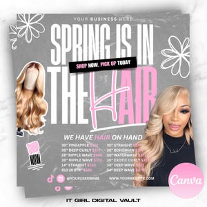 Könnte beinhalten: Ein grauer und rosa Flyer mit dem Text "Spring is in the hair" in weißen und rosa Buchstaben. Der Flyer wirbt für Haarverlängerungen mit Preisangaben für verschiedene Längen und Stile. Der Text "Shop Now, Pick Up Today" befindet sich in einem schwarzen Kasten. Der Flyer enthält außerdem einen Social-Media-Handle und eine Website-Adresse.