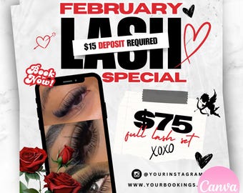 Editable February Lash bookings flyer, Lashes, New appointments, book now flyer, bookings flyer, Canva template