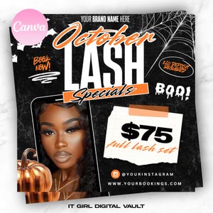 May include: Black and white promotional flyer for October lash specials. The flyer includes the text "October LASH Specials", a photo of a woman with long lashes, and a pumpkin. The flyer also includes the text "$75 full lash set".