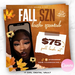 May include: A promotional graphic for a lash special. The design features a woman's face on a phone screen, surrounded by autumn leaves. Text includes "FALL SZN lash special" and "$75 full lash set."