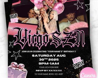 May include: A black and pink invitation with the text "Virgo SzN" and event details. The invitation includes images of people, balloons, and stars. The event is scheduled for August 30th, 2025, from 9 PM to 1 AM.