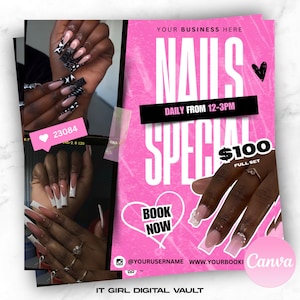 May include: Pink and white promotional flyer for nail services. The flyer features images of manicured nails, the text "NAILS SPECIAL" and "BOOK NOW". The flyer also includes the text "DAILY FROM 12-3PM" and "$100 FULL SET".