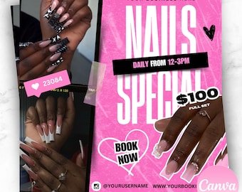 Editable Nail Specials Flyer: Acrylic Nails, Book Now, Canva Template