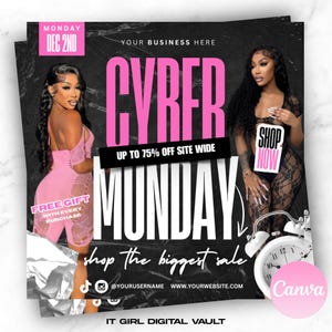 Puede incluir: Un gráfico en blanco y negro con texto rosa que dice "Cyber Monday" y "Hasta un 75% de descuento en todo el sitio". El gráfico también incluye el texto "Comprar ahora" y "Regalo gratis con cada compra".