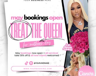 May include: A pink and white graphic with the text "May bookings open Treat the Queen for Mother's Day". The graphic also includes the text "May bookings now open + all services take 30% off & all new clients welcomed". The graphic also includes the text "$20 deposit required".