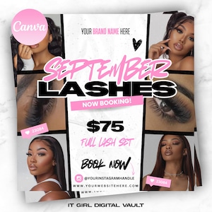 Puede incluir: Un anuncio de diseño gráfico rosa y negro anuncia servicios de pestañas para septiembre. El anuncio presenta fotos de modelos con pestañas largas y el texto "SEPTEMBER LASHES", "NOW BOOKING!", "75€ FULL LASH SET", "BOOK NOW", "@YOURINSTAGRAMHANDLE", "WWW.YOURWEBSITEHERE.COM" y "IT GIRL DIGITAL VAULT".