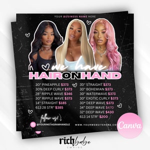 Peut inclure: Une affiche noire et rose annonçant des extensions de cheveux humains. L'affiche présente trois femmes avec différentes coiffures, notamment une ananas, une lisse et une vague profonde. Le texte sur l'affiche indique "We have Hair on Hand" et liste différentes longueurs et prix d'extensions de cheveux.