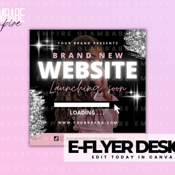 New Website Template, website coming soon, website launching flyer, canva template, pink brick sliver glitter neon glow