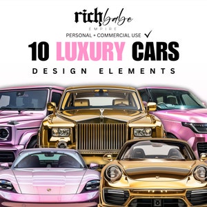 May include: A collage of ten luxury cars in gold and pink. The cars are arranged in a grid pattern, with the Rolls Royce in the center. The image includes the text "richbabe EMPIRE PERSONAL + COMMERCIAL USE 10 LUXURY CARS DESIGN ELEMENTS".