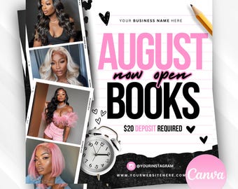 Editable August Bookings flyer, New bookings flyer, book now flyer, appointments, appointment flyer, Canva template