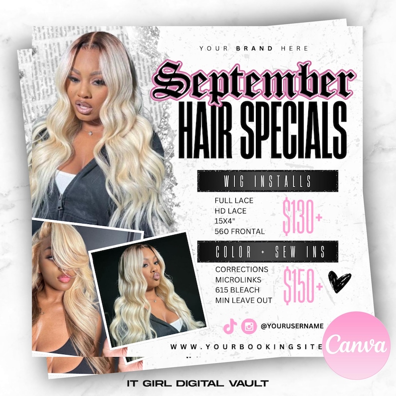 May include: Promotional flyer for September hair specials. The flyer features images of a woman with blonde wavy hair. Text includes "September HAIR SPECIALS", "Wig Installs", "Color + Sew Ins", and social media handles. The flyer is designed with a pink and black color scheme.