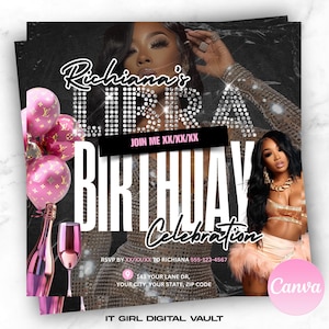 May include: A black and white birthday party invitation with a glittery background. The invitation features the text "Richiana's Libra Birthday Celebration" and includes the date, RSVP information, and address. The invitation also features a pink and white balloon with a Louis Vuitton logo and a pink champagne flute.