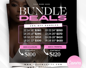 Bundle Deals flyer, Hair bundles flyer, frontals and closures flyer, hair flyer, book now flyer, appointment flyer, canva template