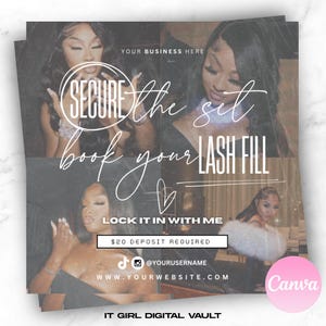 Op de afbeelding: Een digitale marketingafbeelding met een collage van afbeeldingen van vrouwen met lange wimpers. De tekst luidt "SECURE the set book your LASH FILL LOCK IT IN WITH ME €20 STORTING VEREIST @YOURUSERNAME WWW.YOURWEBSITE.COM IT GIRL DIGITAL VAULT Canva".