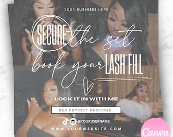 May include: A digital marketing graphic with a collage of images of women with long eyelashes. The text reads "SECURE the set book your LASH FILL LOCK IT IN WITH ME $20 DEPOSIT REQUIRED @YOURUSERNAME WWW.YOURWEBSITE.COM IT GIRL DIGITAL VAULT Canva".