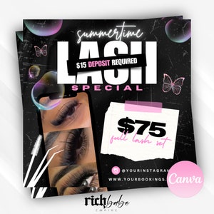 Bearbeitbarer Sommer-Lash-Sale, Lash-Angebote, Lash-Verlängerungsverkauf, Wimpernverlängerung, Canva Flyer, klassisches Set, Mega- Volumenset, Wimpernverkäufe