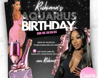 Editable Aquarius Birthday Invite Flyer: Canva Template
