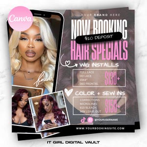 Editable Hair Specials flyer, Hair bundles flyer, frontals and closures flyer, hair flyer, book now flyer, appointment flyer, Canva template