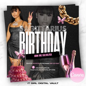 Editable Sagittarius Birthday Invite Flyer: Canva Template