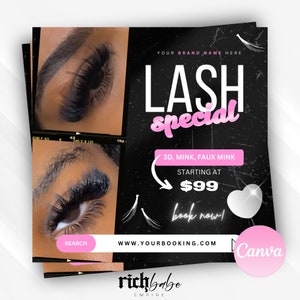 May include: Black and pink graphic with the text "LASH special" and "3D, MINK, FAUX MINK" with a price of $99. The graphic also includes the text "book now!" and "WWW.YOURBOOKING.COM".