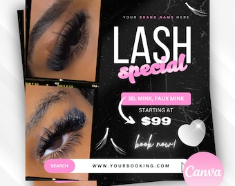 May include: Black and pink graphic with the text "LASH special" and "3D, MINK, FAUX MINK" with a price of $99. The graphic also includes the text "book now!" and "WWW.YOURBOOKING.COM".