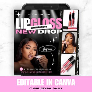 May include: A black and pink digital marketing graphic for a new lip gloss product launch. The graphic features a model wearing lip gloss, a text overlay that says "Lip Gloss" in pink and white, and the text "New Drop" in white. The graphic also includes the text "Coming 00/00/00" and "Shop Now".