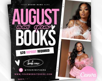 Editable August Bookings flyer, New bookings flyer, book now flyer, appointments, appointment flyer, Canva template