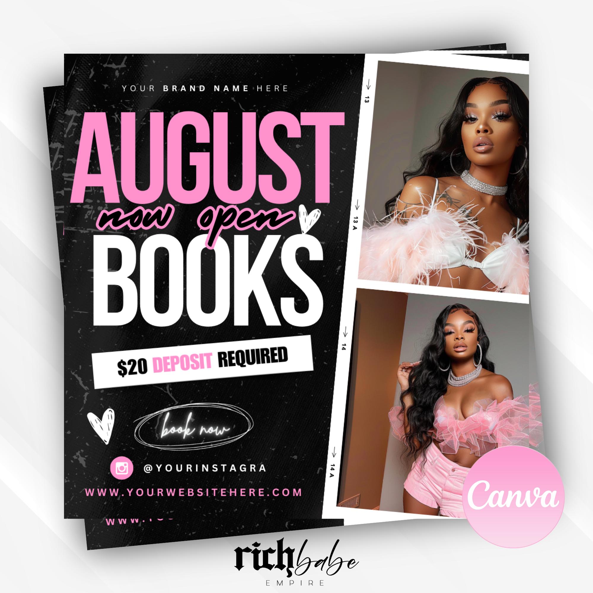 Editable August Bookings flyer, New bookings flyer, book now flyer, appointments, appointment flyer, Canva template