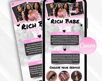 May include: A pink and black mobile phone screen displaying a business advertisement for "Rich Babe Empire". The advertisement features a pink background with black text and images of three women with long, dark hair. The text includes "Booking and Rules", "Prep + Arrival", and "Choose Your Service".