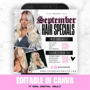 May include: A promotional graphic for September hair specials, displayed on a smartphone. The image features a woman with blonde wavy hair, and text that reads "September Hair Specials." Services include wig installs and color/sew-ins.
