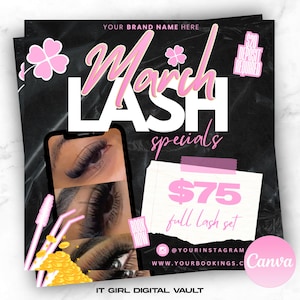 Puede incluir: Un folleto negro y rosa que anuncia ofertas especiales de pestañas para el mes de marzo. El folleto presenta una foto de un ojo de mujer con pestañas largas, un trébol rosa y el texto "March Lash Specials $75 full lash set".