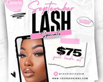 Editable September Lash Sale, Lash deals, Lash extensions sale, Eyelash extensions, Canva Flyer, classic set, mega volume set, lash sales