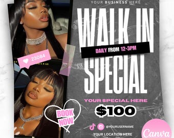 Editable Walk-in Appointment Flyer: Lashes, Nails, Hair (Canva Template)
