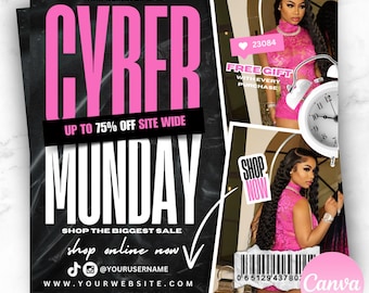 May include: A black and white graphic with pink text that reads "Cyber Monday" and "Up to 75% off site wide". The graphic also includes the text "Shop the biggest sale shop online now" and social media handles. The graphic is set against a black marble background.