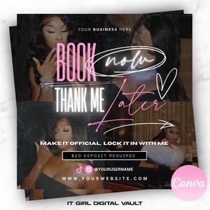 Puede incluir: Un gráfico rosa y blanco con el texto "BOOK now THANK ME later" y las palabras "MAKE IT OFFICIAL, LOCK IT IN WITH ME" y "20 € DE DEPÓSITO REQUERIDO". El gráfico también incluye iconos de redes sociales para TikTok e Instagram, una dirección de sitio web y el logotipo de Canva.