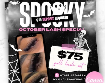 May include: A promotional flyer with a Halloween theme. The word "SPOOKY" is in large white letters with a ghost graphic. It advertises an October lash special with a full lash set for $75. The flyer includes images of eyelashes and a skeleton.