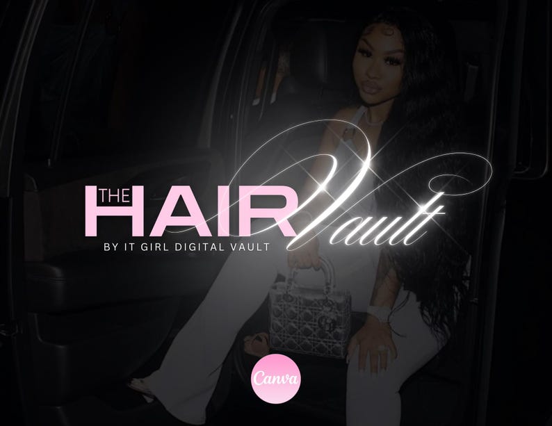 May include: A woman in a white outfit sits in a car with a pink and white logo that says "THE HAIR VAULT BY IT GIRL DIGITAL VAULT" above a white handbag with a black and white pattern.