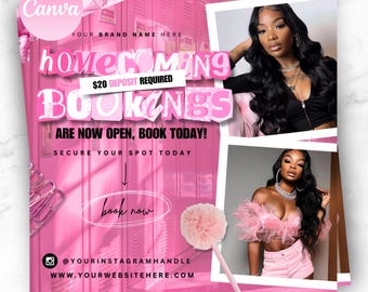 Editable Homecoming bookings flyer, hair flyer, Nails, Lashes, Makeup, Canva template.