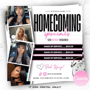Editable Homecoming bookings flyer, hair flyer, Nails, Lashes, Makeup, Canva template.