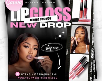Editable lipgloss sale flyer, New lipgloss , Shop Now Flyer, Make Up Flyer, Canva Template, Makeup tech flyer